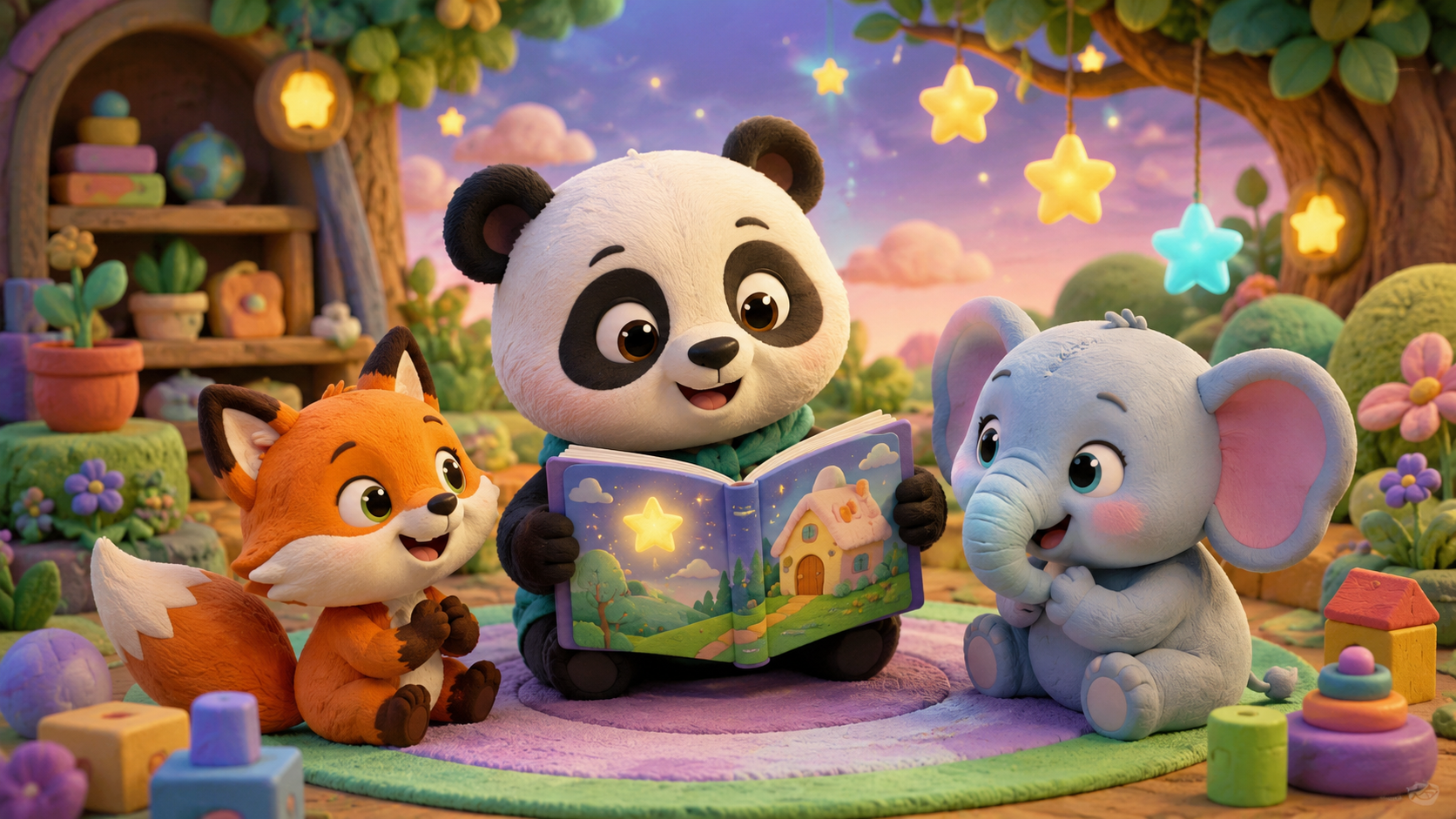 Özgün panda ve orman arkadaşlarıyla örnek çocuk animasyonu tarzı